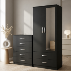 Black 2-doors mirrored wardrobe and 5-drawer chest of drawers bedroom furniture set for just £270. This 2-piece bedroom set comes ready assembled.