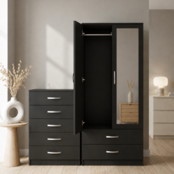 Black 2-doors mirrored wardrobe and 5-drawer chest of drawers bedroom furniture set for just £270. This 2-piece bedroom set comes ready assembled.
