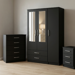 Black 3-door mirrored wardrobe set with chest of drawers and bedside table, ready assembled, UK