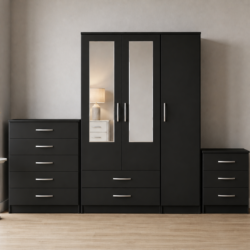 Black 3-door mirrored wardrobe set with chest of drawers and bedside table, ready assembled, UK