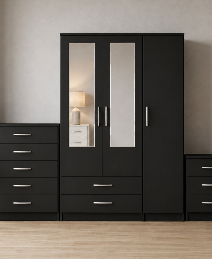 Black 3-door mirrored wardrobe set with chest of drawers and bedside table, ready assembled, UK