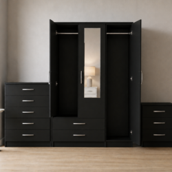 Black 3-door mirrored wardrobe set with chest of drawers and bedside table, ready assembled, UK