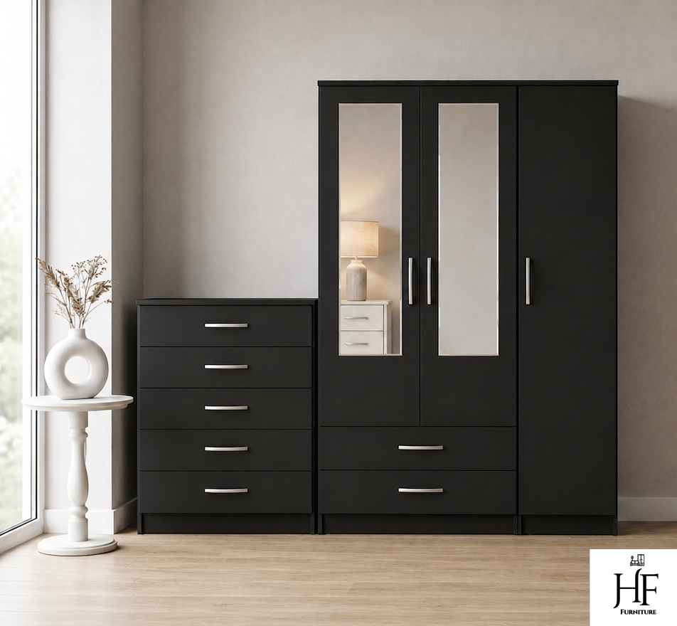 Black 3-door mirrored wardrobe set with chest of drawers, ready assembled, UK