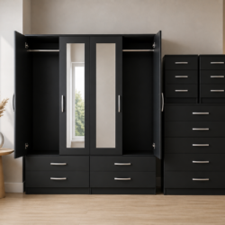 Black 4-door mirrored wardrobe 4-piece bedroom set with chest of drawers and 2 bedside tables, ready assembled, UK