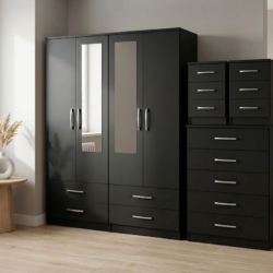Black 4-door mirrored wardrobe 4-piece bedroom set with chest of drawers and 2 bedside tables, ready assembled, UK