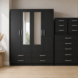 Black 4-door mirrored wardrobe 4-piece bedroom set with chest of drawers and 2 bedside tables, ready assembled, UK