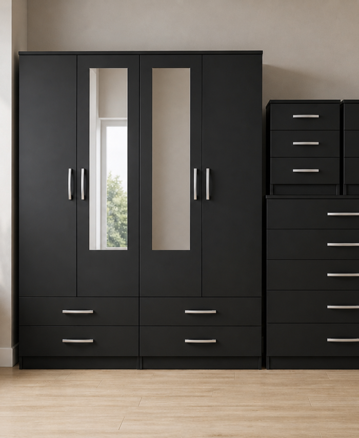 Black 4-door mirrored wardrobe 4-piece bedroom set with chest of drawers and 2 bedside tables, ready assembled, UK