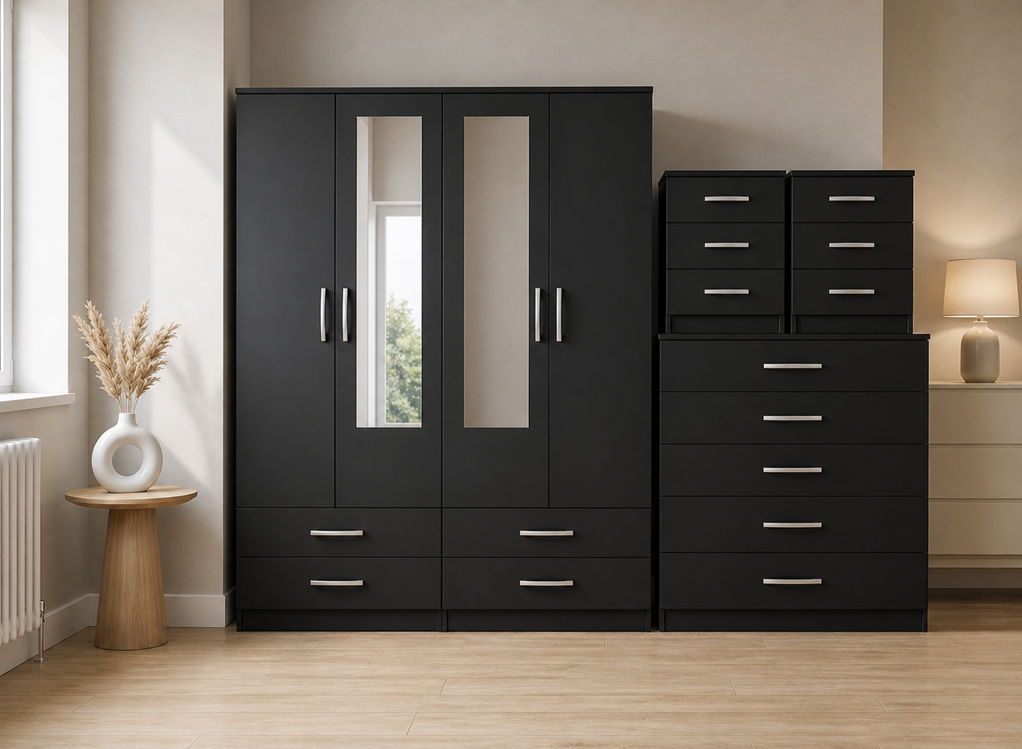 Black 4-door mirrored wardrobe 4-piece bedroom set with chest of drawers and 2 bedside tables, ready assembled, UK