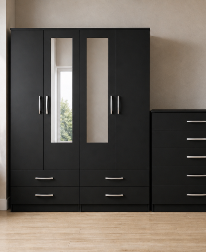 Black 4-door mirrored wardrobe set with chest of drawers, built-in drawers, ready assembled, UK