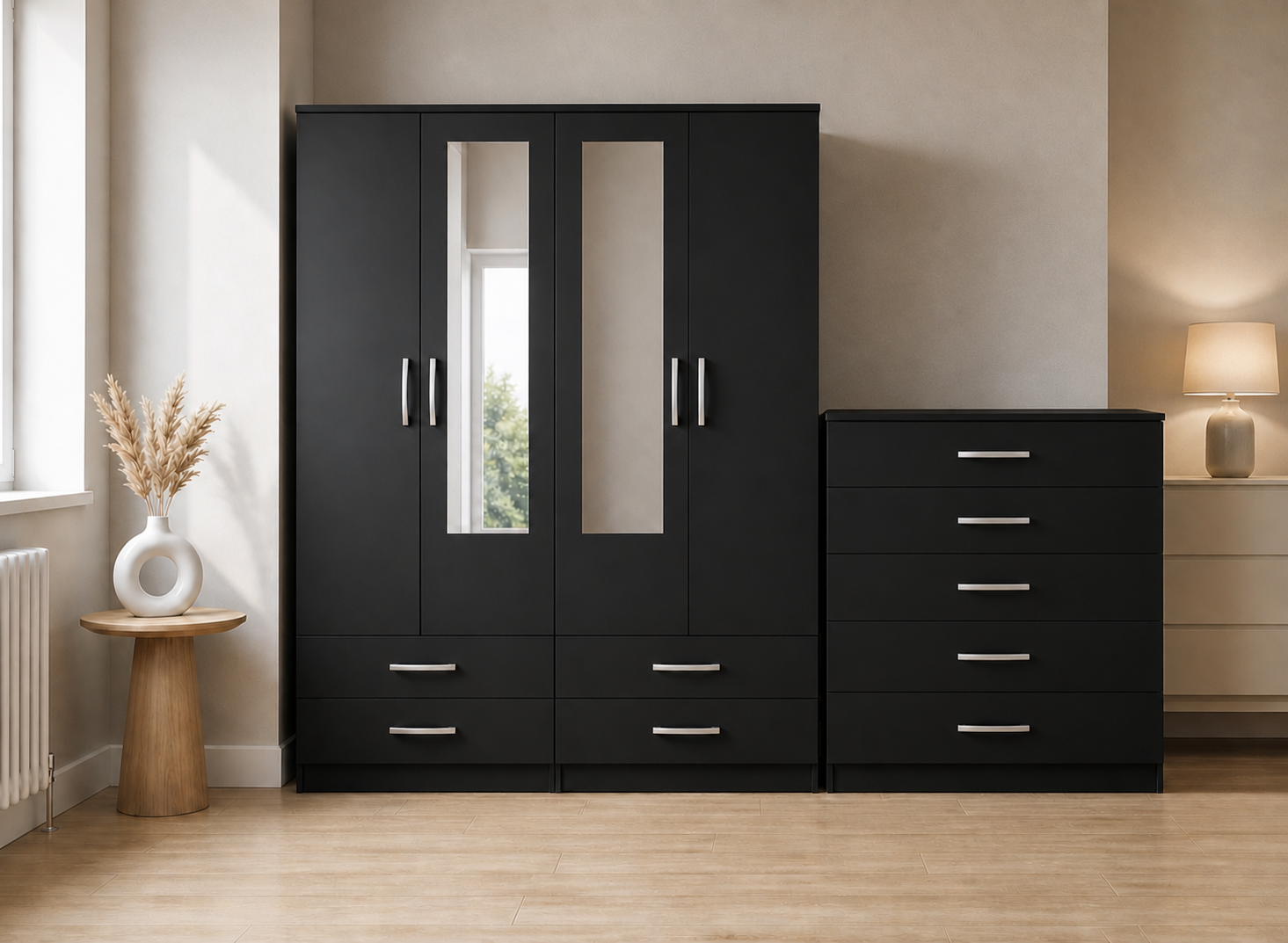 Black 4-door mirrored wardrobe set with chest of drawers, built-in drawers, ready assembled, UK