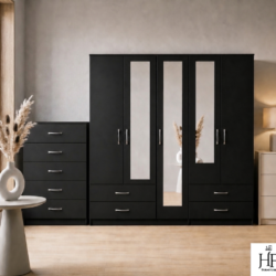 Black 5-door mirrored wardrobe 2-piece bedroom set with chest of drawers, ready assembled, UK