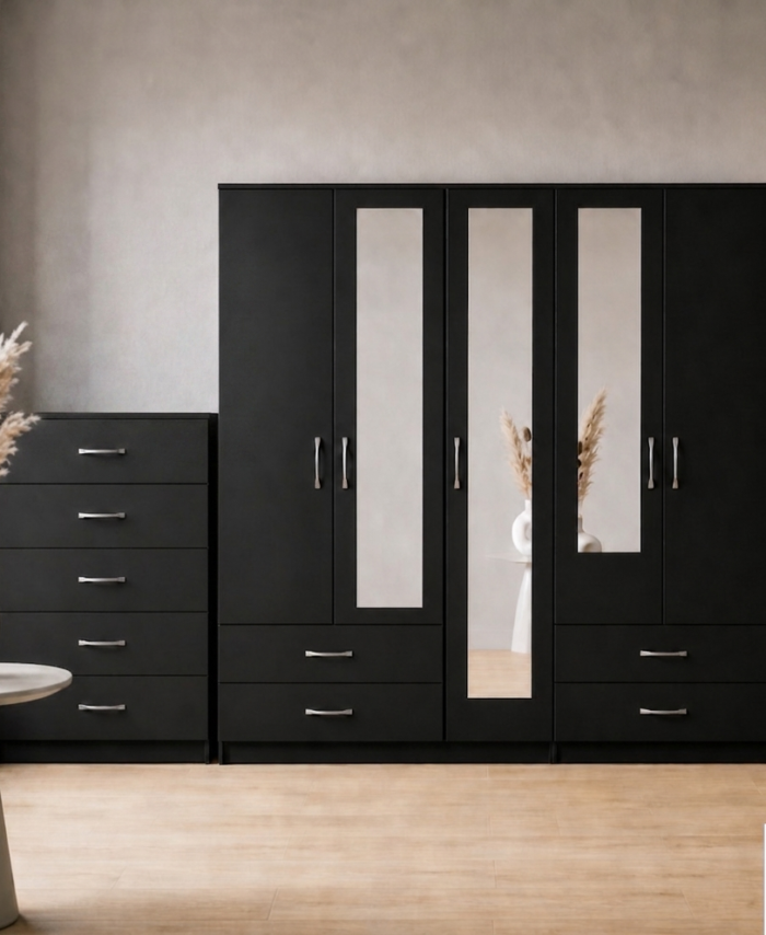 Black 5-door mirrored wardrobe 2-piece bedroom set with chest of drawers, ready assembled, UK