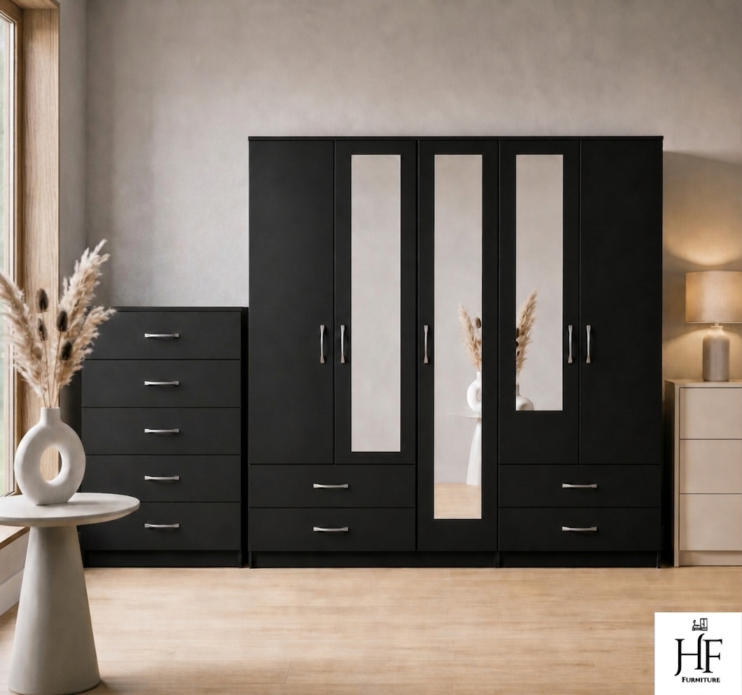 Black 5-door mirrored wardrobe 2-piece bedroom set with chest of drawers, ready assembled, UK