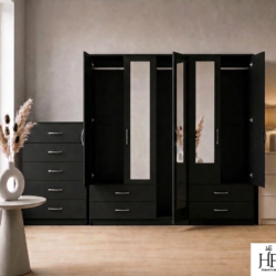Black 5-door mirrored wardrobe 2-piece bedroom set with chest of drawers, ready assembled, UK