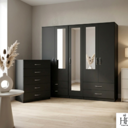 Black 5-door mirrored wardrobe 2-piece bedroom set with chest of drawers, ready assembled, UK