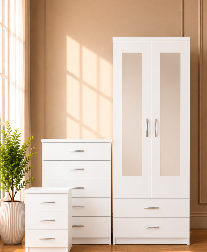 White 2-Door Mirrored Wardrobe Set | Ready Assembled | Multiple Configurations | HF Furnitures