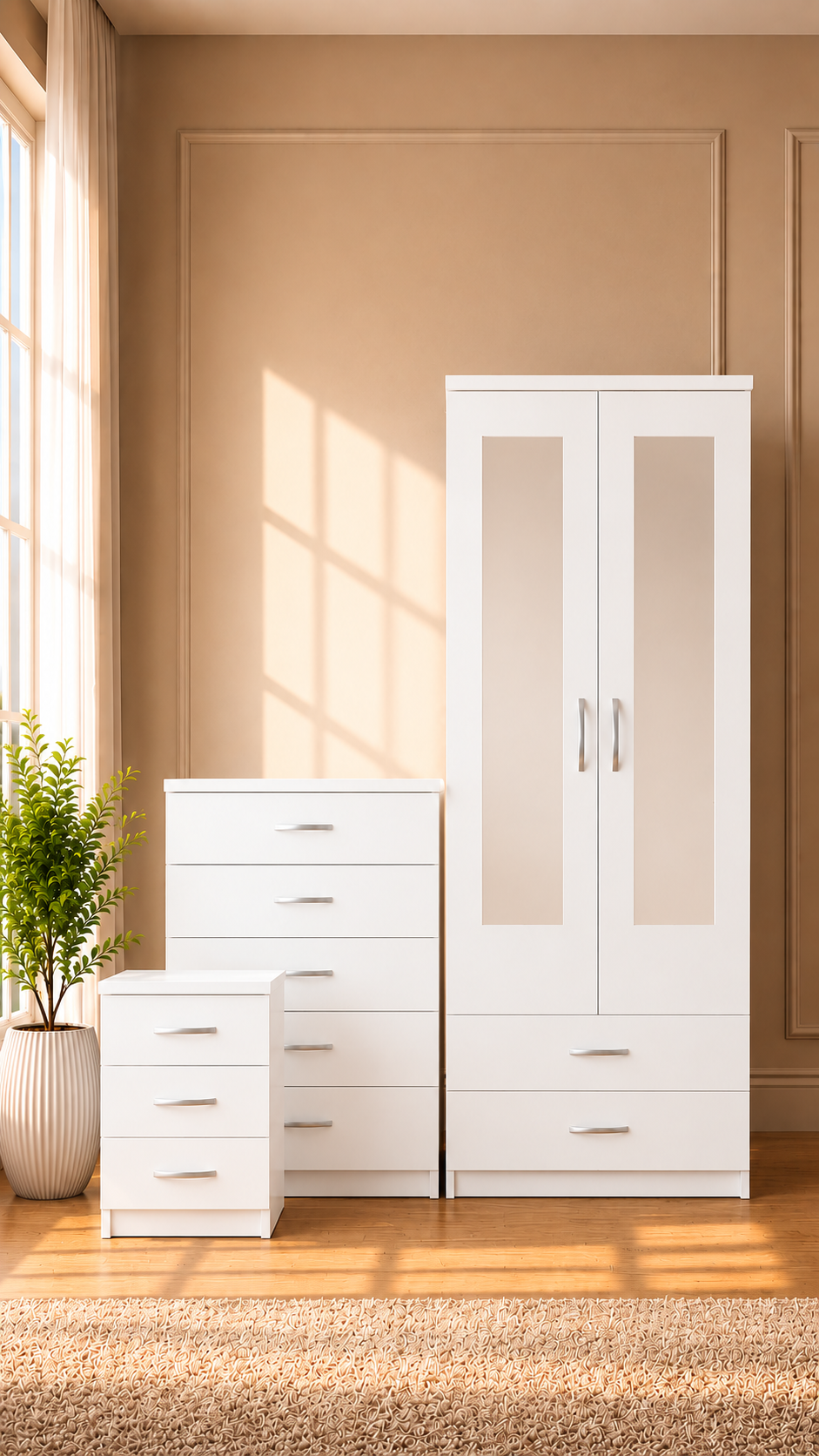 White 2-Door Mirrored Wardrobe Set | Ready Assembled | Multiple Configurations | HF Furnitures