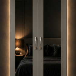 Grey 2-doors mirrored wardrobe set with 5-drawer chest and bedside table, ready assembled, UK