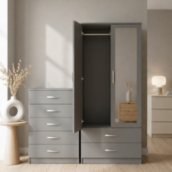 Grey 2-doors mirrored wardrobe and 5-drawer chest of drawers bedroom furniture set for just £270. This 2-piece bedroom set comes ready assembled.