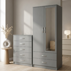 Grey 2-doors mirrored wardrobe and 5-drawer chest of drawers bedroom furniture set for just £270. This 2-piece bedroom set comes ready assembled.