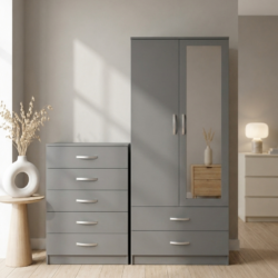 Grey 2-doors mirrored wardrobe and 5-drawer chest of drawers bedroom furniture set for just £270. This 2-piece bedroom set comes ready assembled.