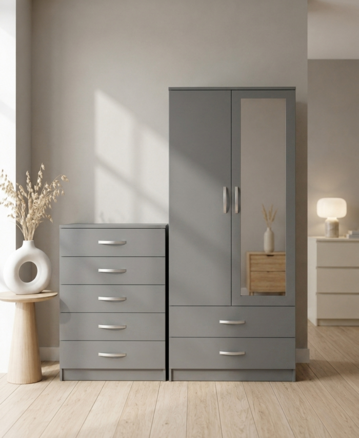 Grey 2-doors mirrored wardrobe and 5-drawer chest of drawers bedroom furniture set for just £270. This 2-piece bedroom set comes ready assembled.