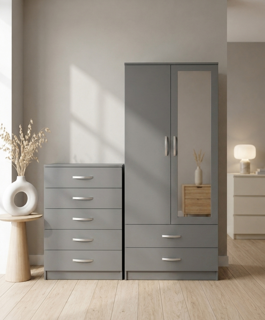Grey 2-doors mirrored wardrobe and 5-drawer chest of drawers bedroom furniture set for just £270. This 2-piece bedroom set comes ready assembled.