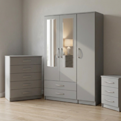 Gery 3-door mirrored wardrobe set with chest of drawers and bedside table, ready assembled, UK