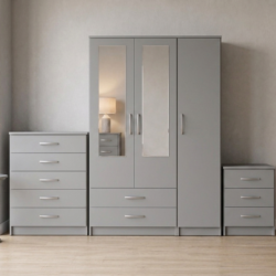 Gery 3-door mirrored wardrobe set with chest of drawers and bedside table, ready assembled, UK