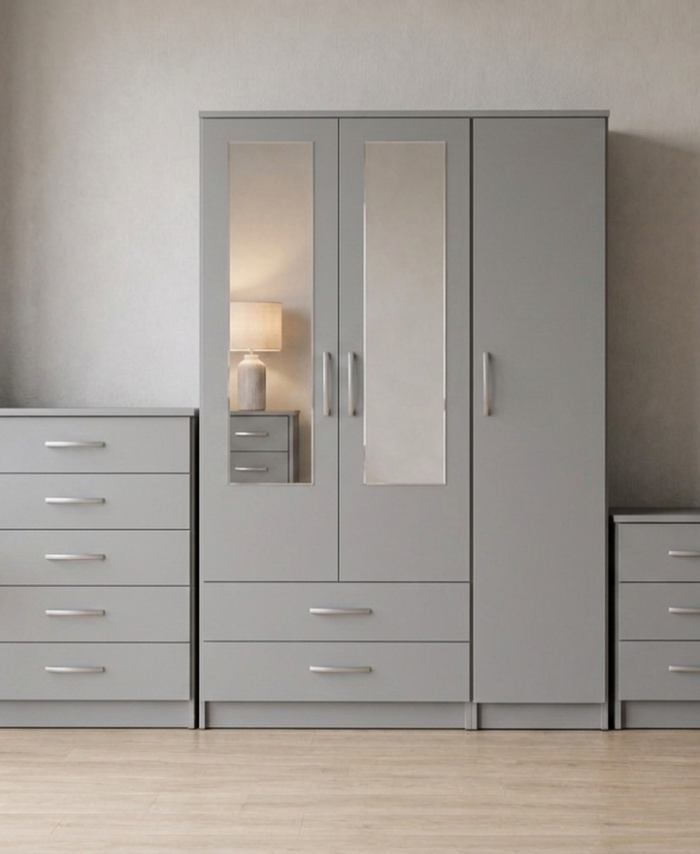 Gery 3-door mirrored wardrobe set with chest of drawers and bedside table, ready assembled, UK