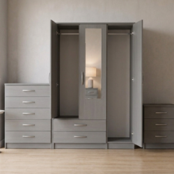 Gery 3-door mirrored wardrobe set with chest of drawers and bedside table, ready assembled, UK