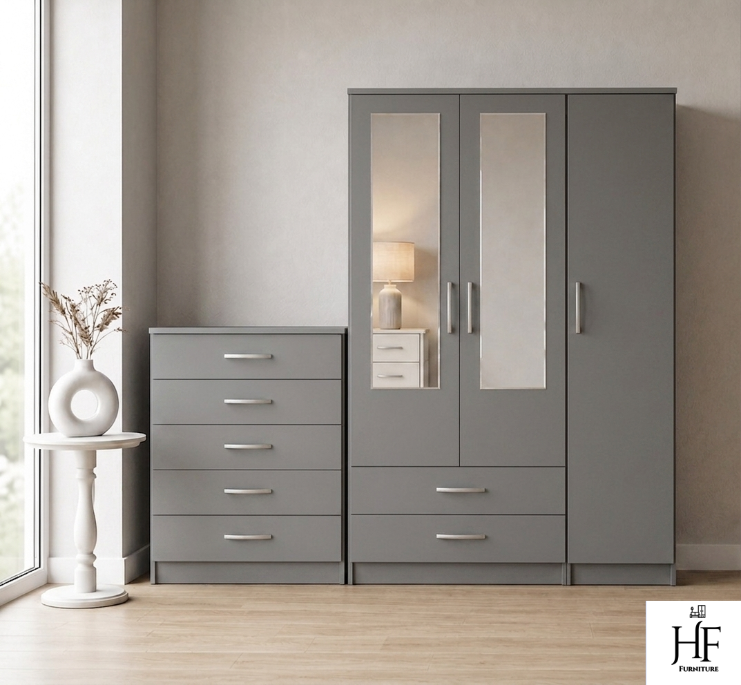Gery 3-door mirrored wardrobe set with chest of drawers, ready assembled, UK