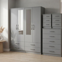 Grey 4-door mirrored wardrobe 4-piece bedroom set with chest of drawers and 2 bedside tables, ready assembled, UK