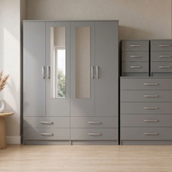 Grey 4-door mirrored wardrobe 4-piece bedroom set with chest of drawers and 2 bedside tables, ready assembled, UK