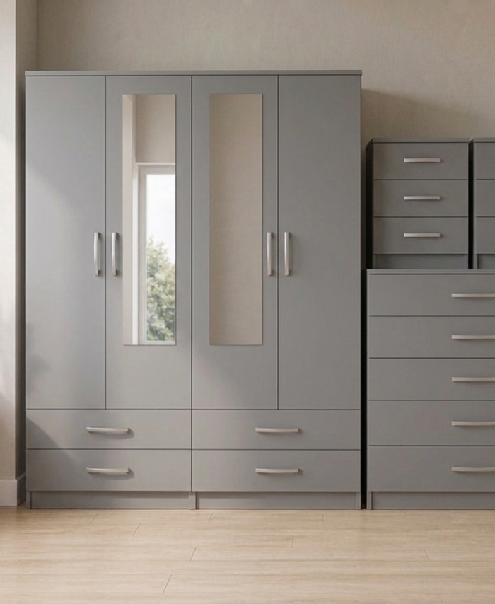 Grey 4-door mirrored wardrobe 4-piece bedroom set with chest of drawers and 2 bedside tables, ready assembled, UK