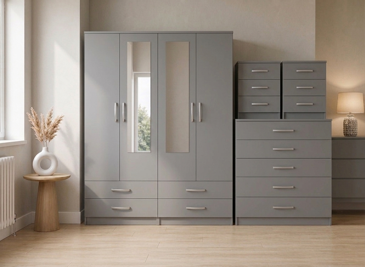 Grey 4-door mirrored wardrobe 4-piece bedroom set with chest of drawers and 2 bedside tables, ready assembled, UK