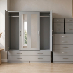 Grey 4-door mirrored wardrobe 4-piece bedroom set with chest of drawers and 2 bedside tables, ready assembled, UK