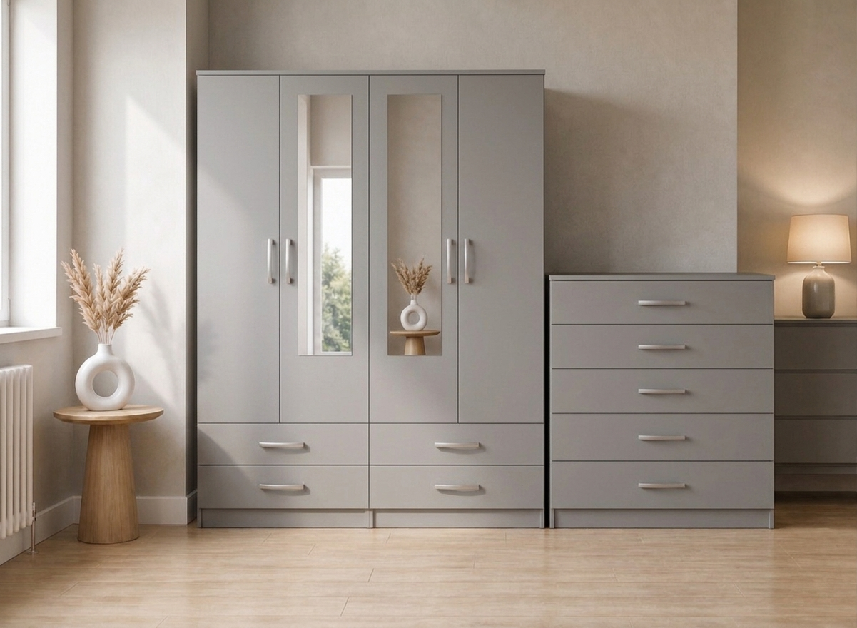 Grey 4-door mirrored wardrobe set with chest of drawers, built-in drawers, ready assembled, UK