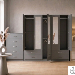 Grey 5-door mirrored wardrobe 2-piece bedroom set with chest of drawers, ready assembled, UK