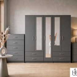 Grey 5-door mirrored wardrobe 2-piece bedroom set with chest of drawers, ready assembled, UK