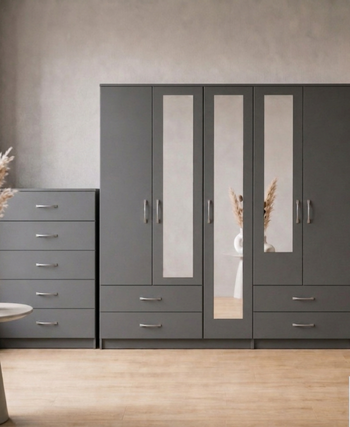 Grey 5-door mirrored wardrobe 2-piece bedroom set with chest of drawers, ready assembled, UK