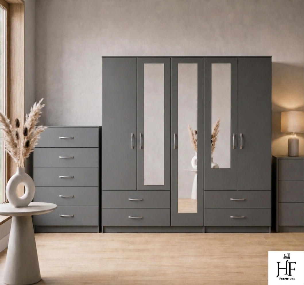 Grey 5-door mirrored wardrobe 2-piece bedroom set with chest of drawers, ready assembled, UK