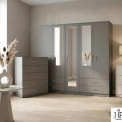 Grey 5-door mirrored wardrobe 2-piece bedroom set with chest of drawers, ready assembled, UK