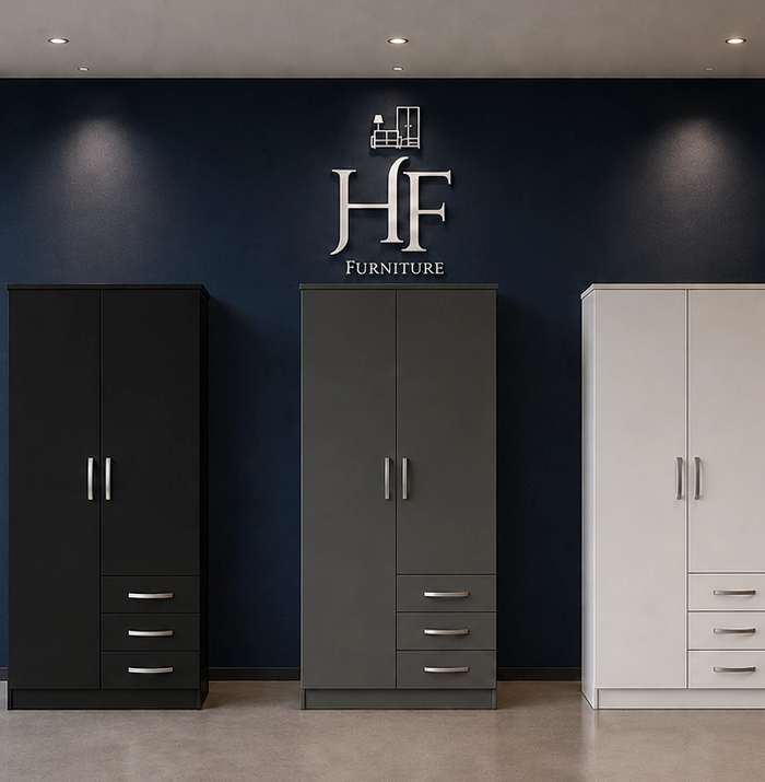 Ready Assembled 2-Door Bedroom Furniture with 3 Drawers in Black, Grey, White. Free UK delivery.