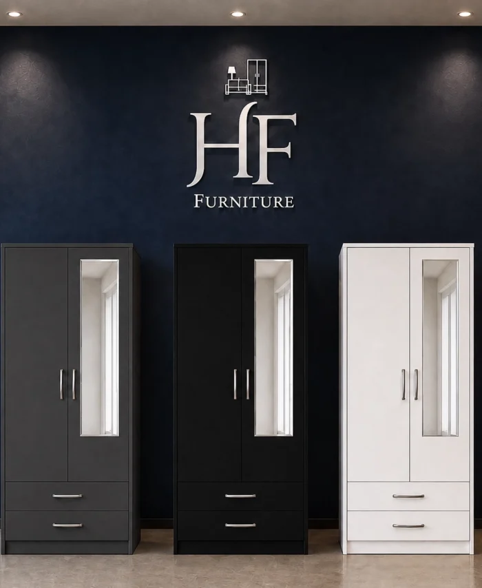 Black, Grey, White 2-doors wardrobe with mirror and 2 bottom drawers, hanging rails and shelf, ready assembled, UK