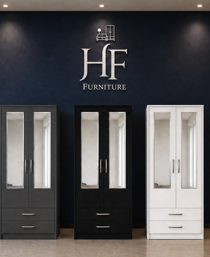 Black, Grey, White 2-door mirrored wardrobe with 2 bottom drawers, both doors mirrored, ready assembled, UK