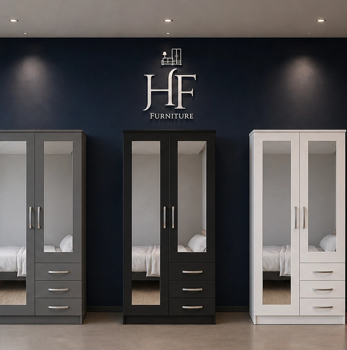 Ready Assembled 2-Door Bedroom Furniture with Mirrors and Drawers in Black, Grey, White. Fully Mirrored With Drawers. Free UK delivery.