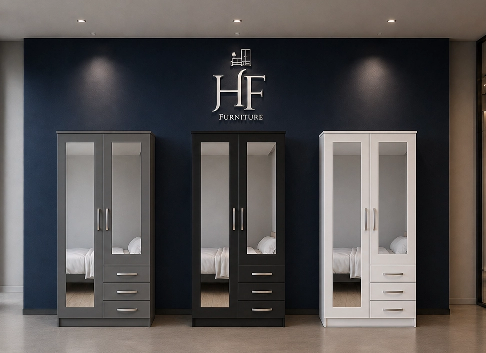 Ready Assembled 2-Door Bedroom Furniture with Mirrors and Drawers in Black, Grey, White. Fully Mirrored With Drawers. Free UK delivery.