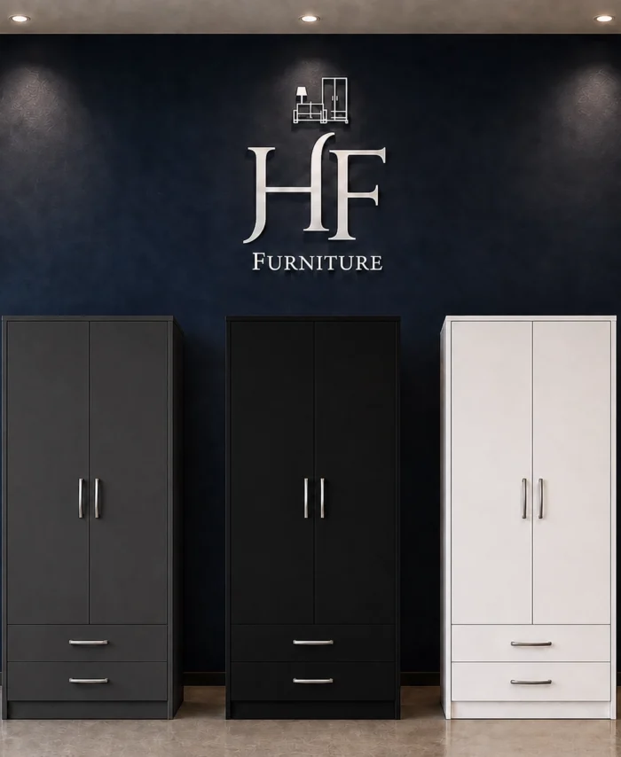 Black, Grey, White 2-doors wardrobe with 2 bottom drawers, hanging rails and shelf, ready assembled, UK