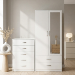 White 2-doors mirrored wardrobe and 5-drawer chest of drawers bedroom furniture set for just £270. This 2-piece bedroom set comes ready assembled.
